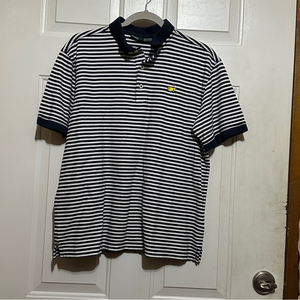 Masters Collection Polo Shirt Mens M‎ Navy Striped Pima Cotton Golf Augusta Logo